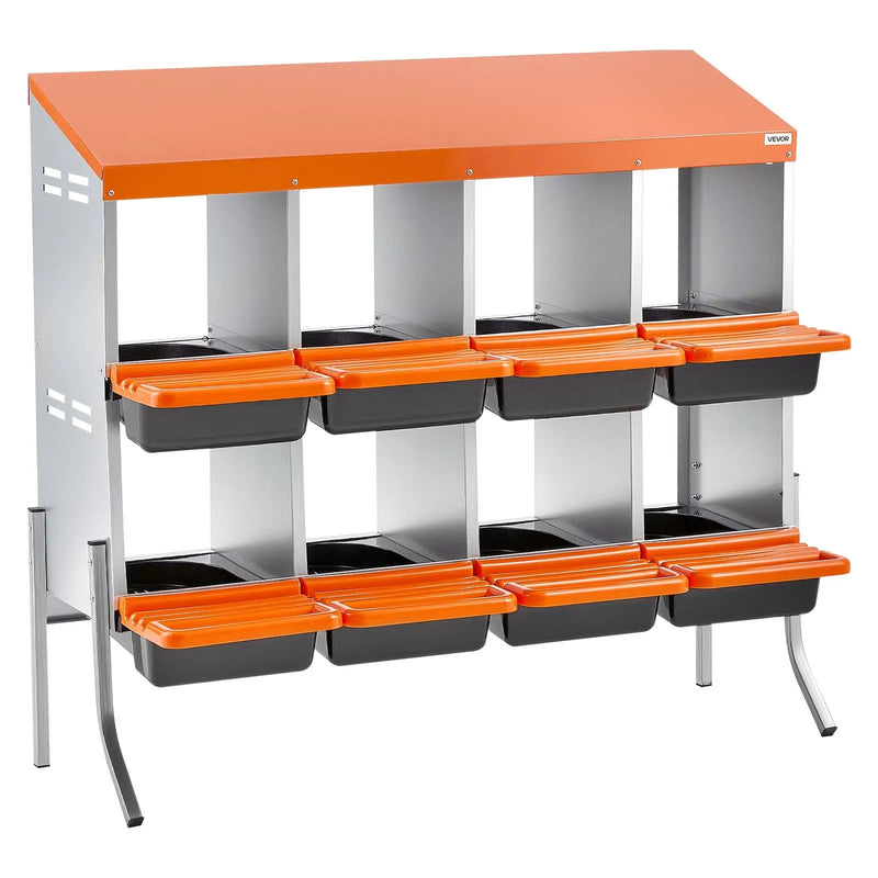 VEVOR vistu dēšanas ligzdas, 8 nodalījumi, ar balsta kājām, ērta olu savākšana, cinkots tērauds un augstas izturības plastmasa, ripojošas ligzdas vistām un dējējvistām, oranžas