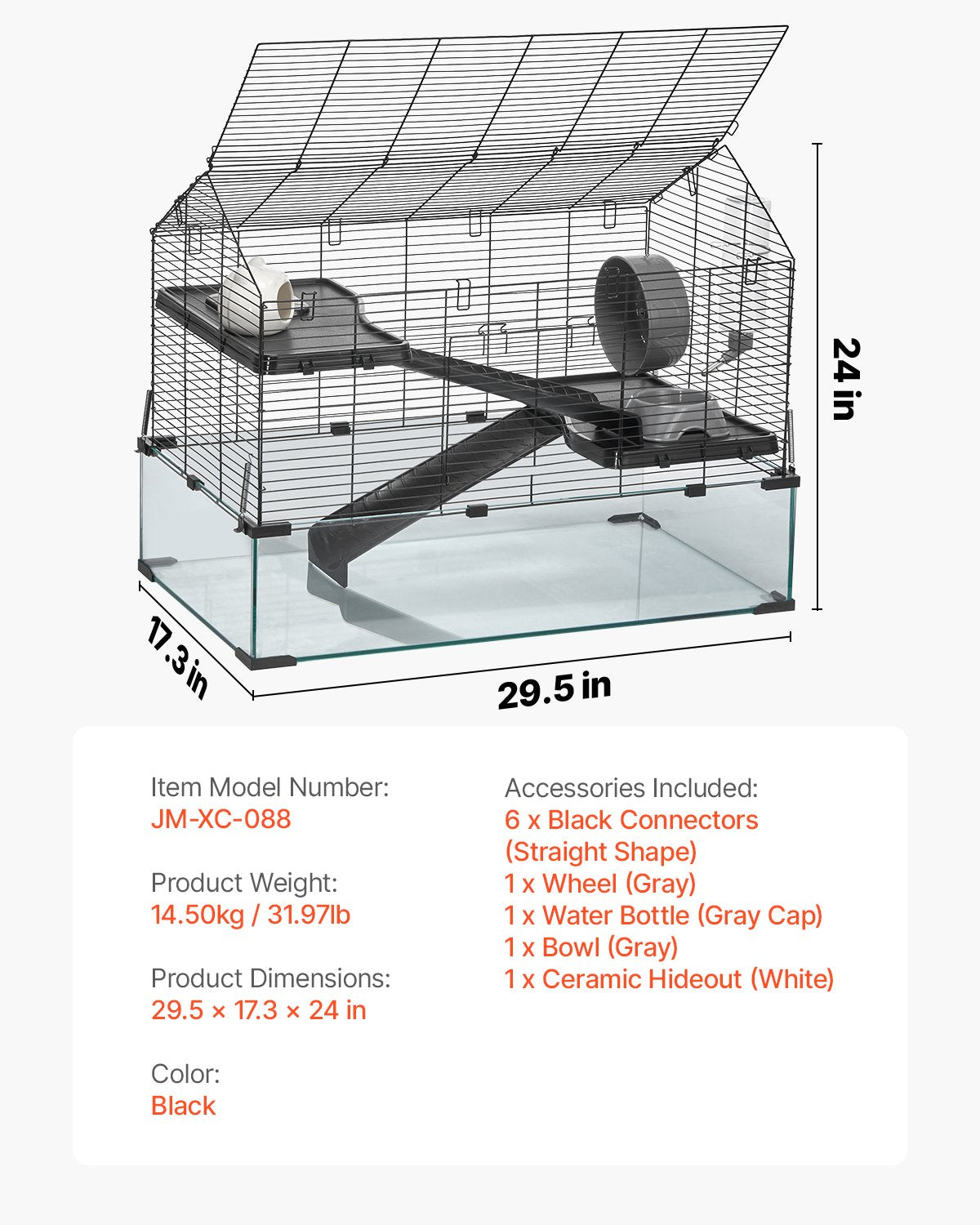VEVOR läbipaistev näriliste puur 360° vaate ja joogipudeliga hamstritele, rottidele ja merisigadele, 75 × 44 × 61 cm
