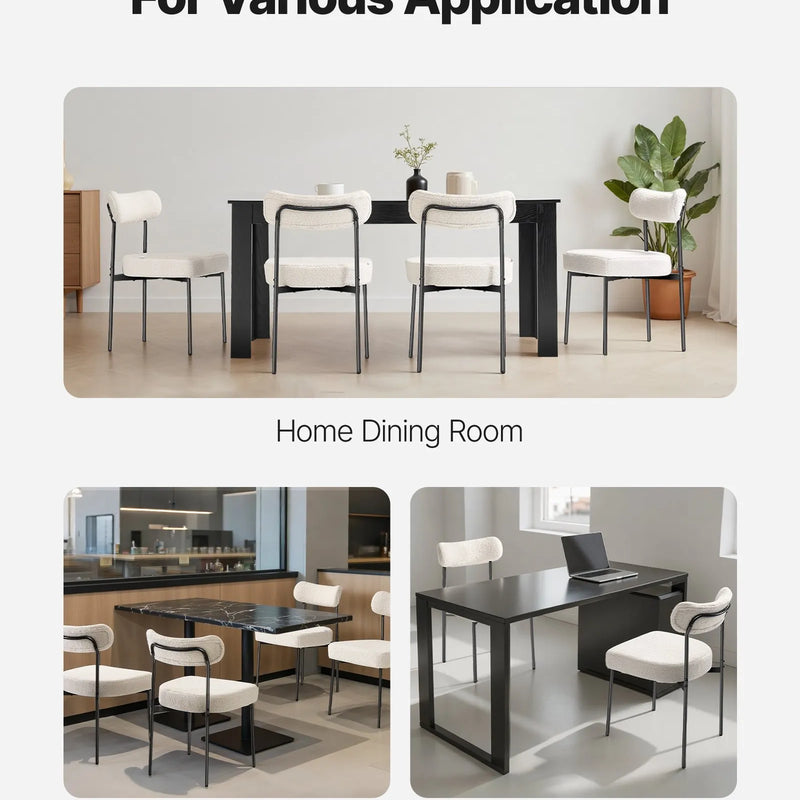 VEVOR 4 gab. bouclé stila krēsli ar Šerpas auduma apdari, noapaļotu atzveltni un melnām metāla kājām, balti