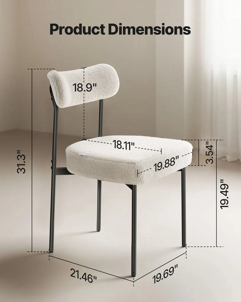 VEVOR 2 gab. bouclé stila krēsli ar Šerpas auduma apdari, noapaļotu atzveltni un melnām metāla kājām, balti