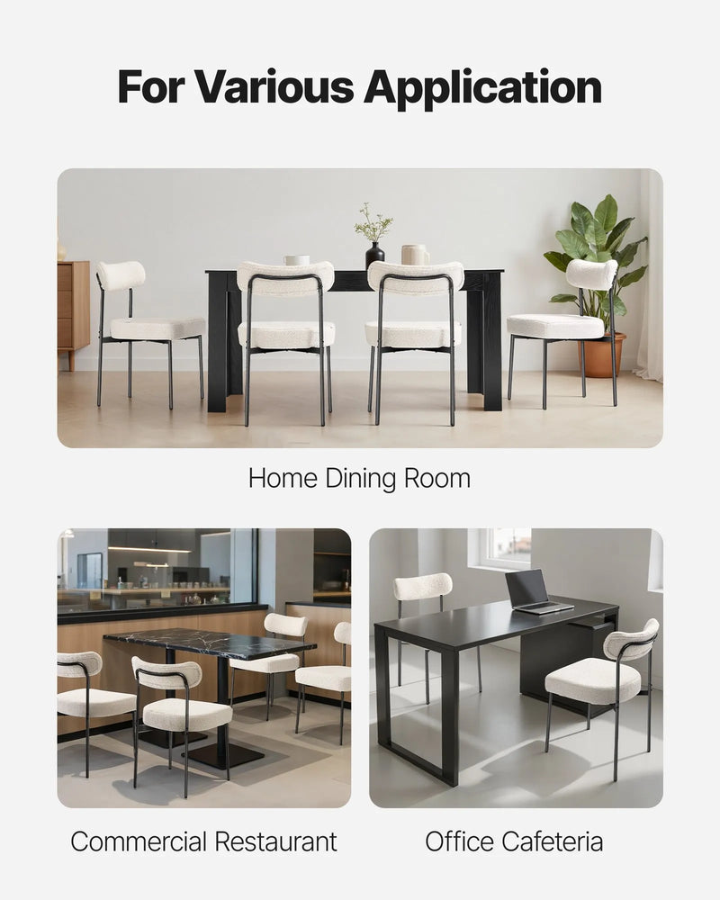 VEVOR 2 gab. bouclé stila krēsli ar Šerpas auduma apdari, noapaļotu atzveltni un melnām metāla kājām, balti