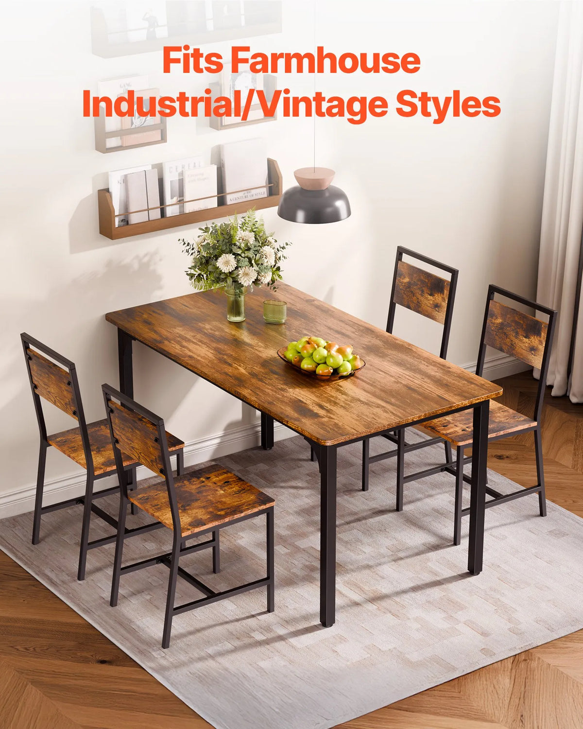 VEVOR 2 Dining Chairs with Wooden Seat, Metal Frame and Backrest, Easy Folding Leather Side Chairs in Modern Rustic Style, Walnut Brown and Black