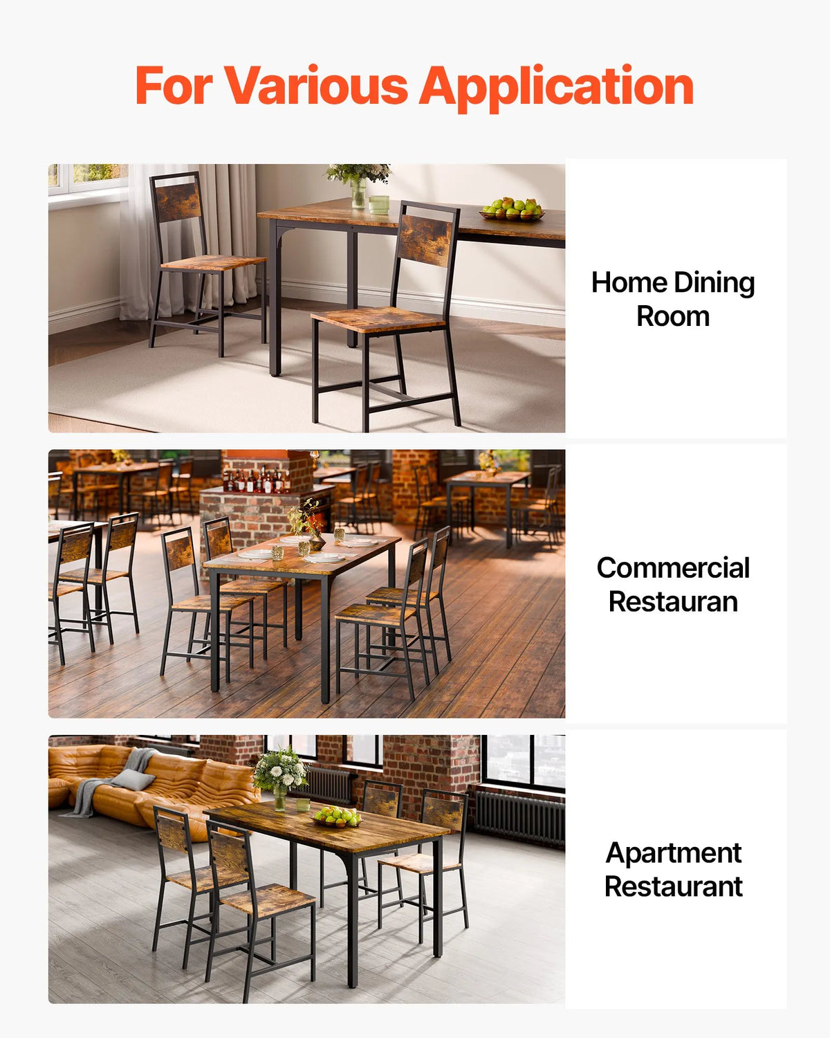 VEVOR 2 Dining Chairs with Wooden Seat, Metal Frame and Backrest, Easy Folding Leather Side Chairs in Modern Rustic Style, Walnut Brown and Black