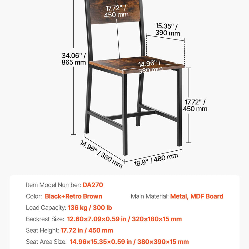 VEVOR 2 gab. ēdamistabas krēsli ar koka sēdvietu, metāla rāmi un atzveltni, viegli saliekami ādas sānu krēsli modernā lauku stila dizainā, valrieksta brūnā un melnā krāsā