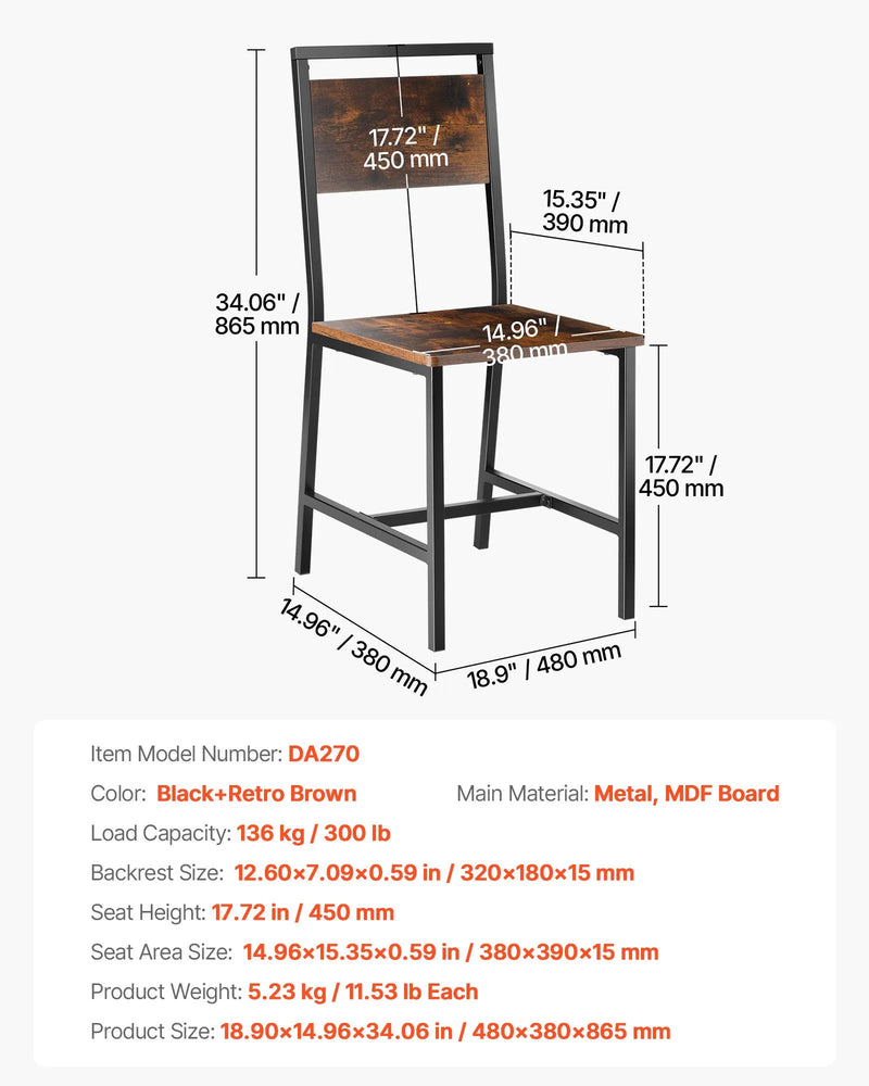 VEVOR 2 gab. ēdamistabas krēsli ar koka sēdvietu, metāla rāmi un atzveltni, viegli saliekami ādas sānu krēsli modernā lauku stila dizainā, valrieksta brūnā un melnā krāsā