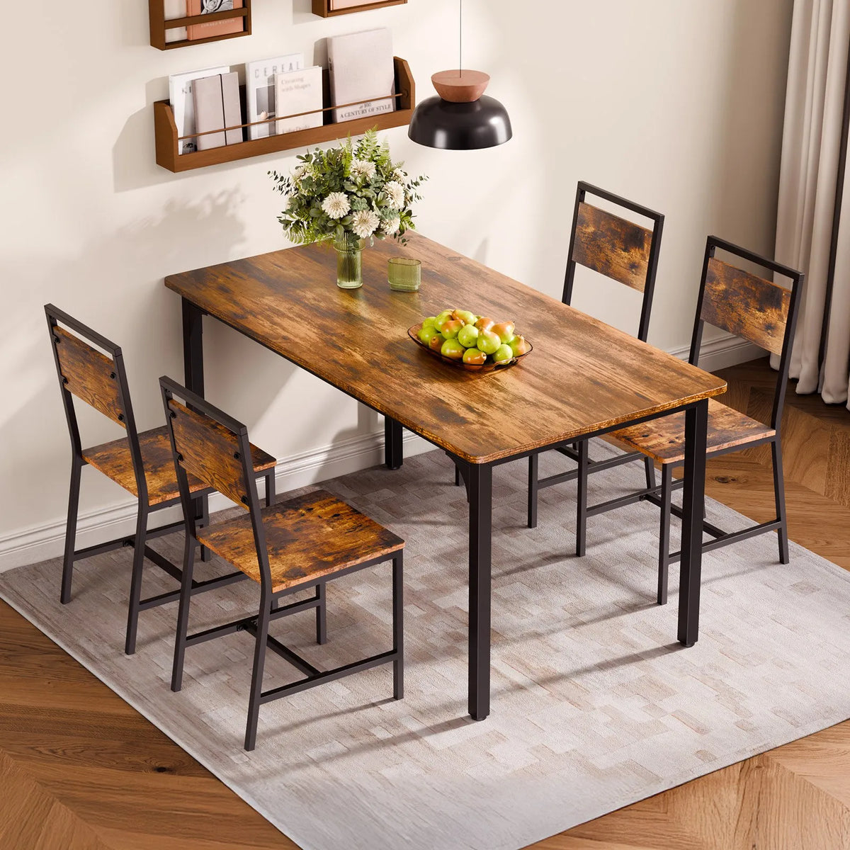 VEVOR 2 Dining Chairs with Wooden Seat, Metal Frame and Backrest, Easy Folding Leather Side Chairs in Modern Rustic Style, Walnut Brown and Black