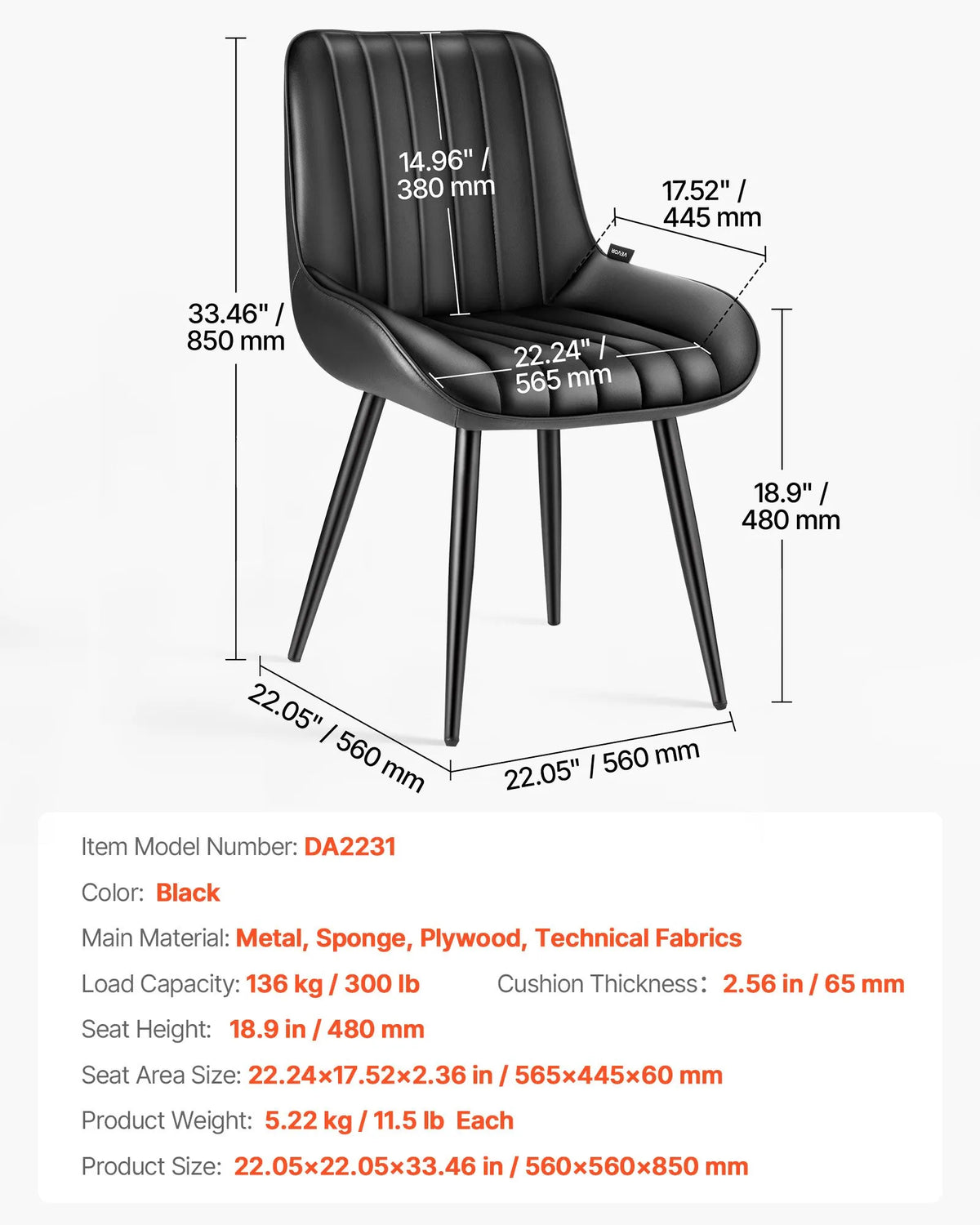 VEVOR 4 Pieces Modern Fabric Chairs with Thick Seats and Metal Legs, Black