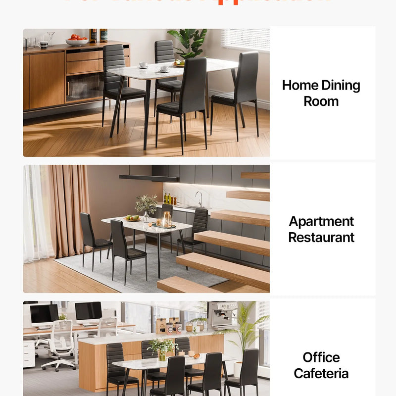 VEVOR 4 gab. mūsdienīgi ēdamistabas krēsli ar ādas apdari, biezām sēdvietas spilveniem un metāla kājām, melni