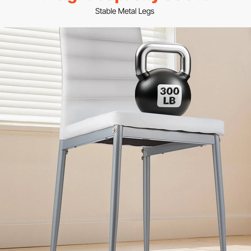 VEVOR 6 gab. mūsdienīgi ēdamistabas krēsli ar ādas apdari, biezām sēdvietas spilveniem un metāla kājām, balti