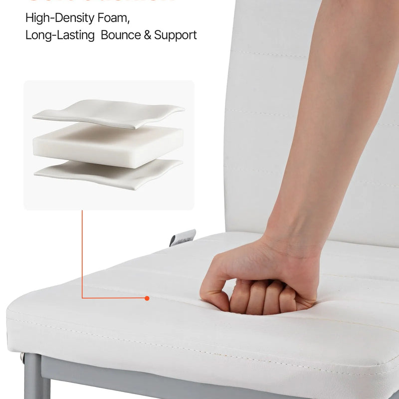 VEVOR 6 gab. mūsdienīgi ēdamistabas krēsli ar ādas apdari, biezām sēdvietas spilveniem un metāla kājām, balti