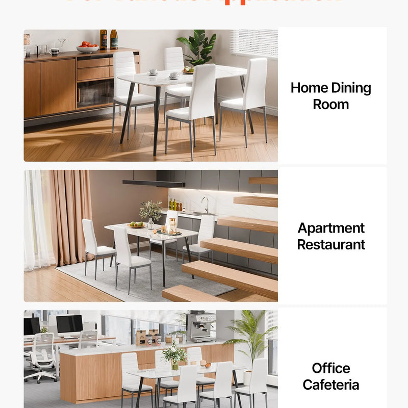 VEVOR 6 gab. mūsdienīgi ēdamistabas krēsli ar ādas apdari, biezām sēdvietas spilveniem un metāla kājām, balti