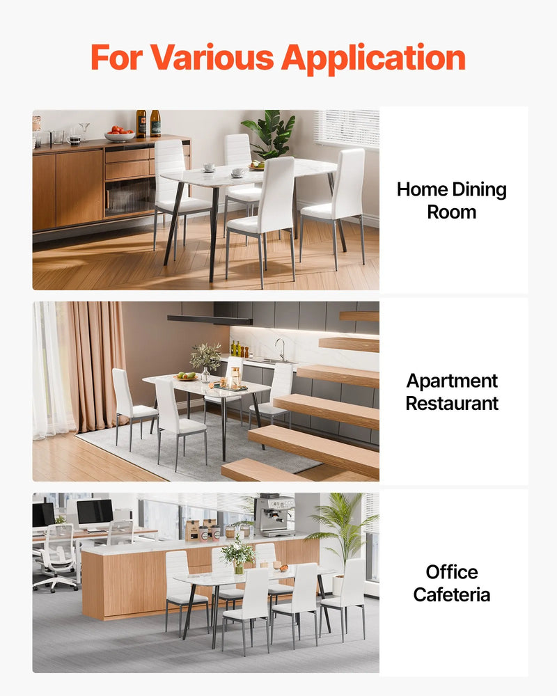 VEVOR 4 gab. mūsdienīgi ēdamistabas krēsli ar ādas apdari, biezām sēdvietas spilveniem un metāla kājām, balti