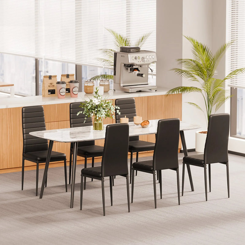 VEVOR 6 gab. mūsdienīgi ēdamistabas krēsli ar ādas apdari, metāla kājām un bieziem polsterējumiem, melni