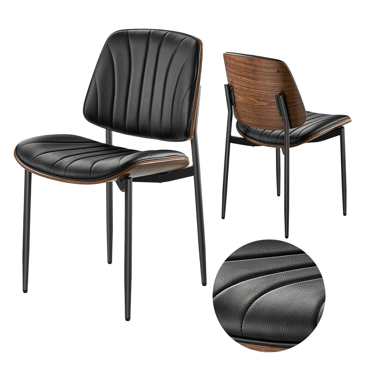 VEVOR 2 pcs Modern Chairs with Leather Upholstery, Thick Seats and Metal Legs, Black