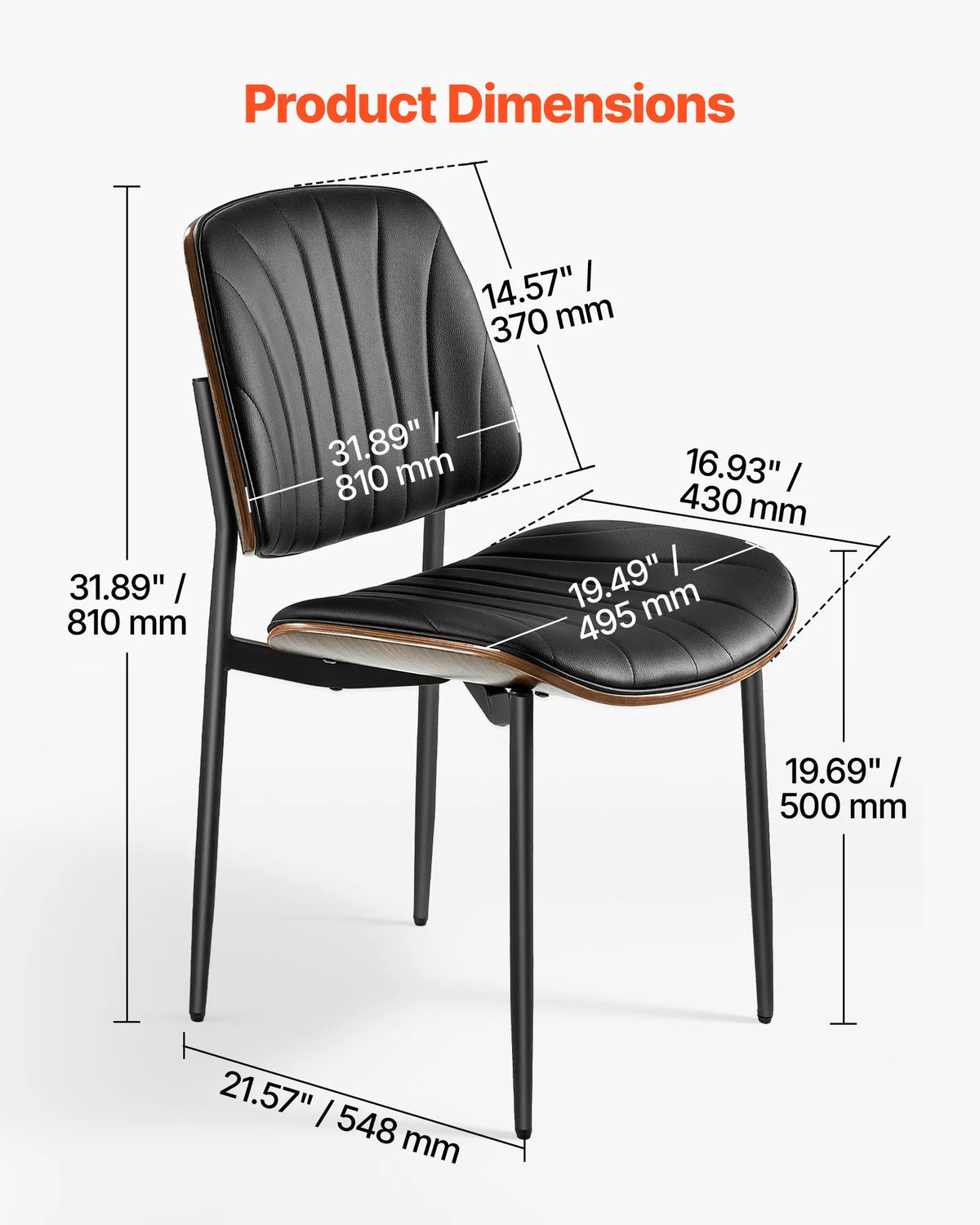 VEVOR 2 pcs Modern Chairs with Leather Upholstery, Thick Seats and Metal Legs, Black