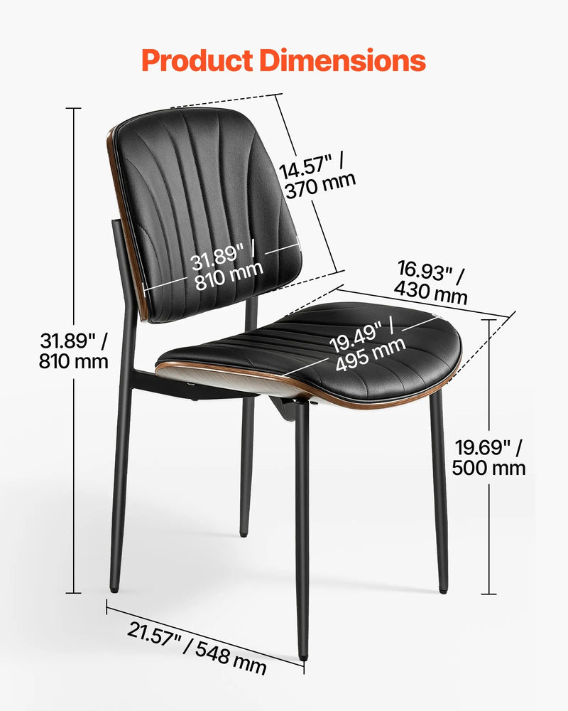 VEVOR 2 gab. mūsdienīgi krēsli ar ādas apdari, biezām sēdvietām un metāla kājām, melni