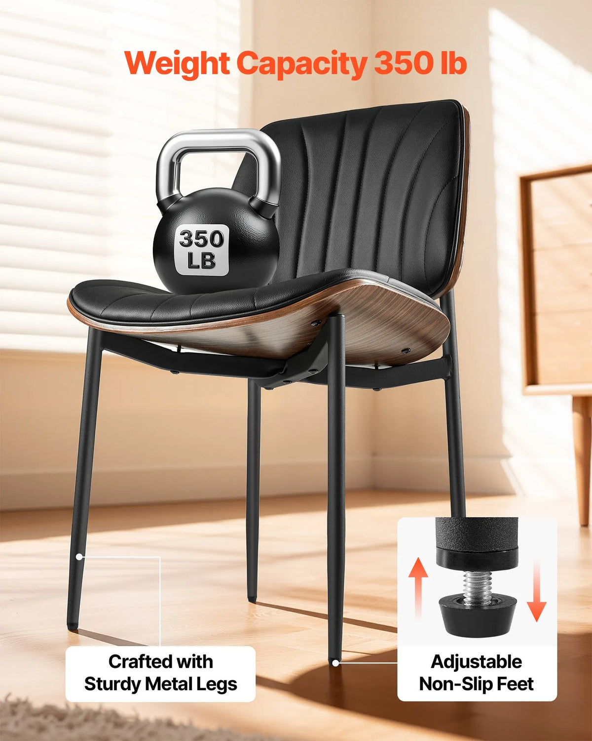VEVOR 2 pcs Modern Chairs with Leather Upholstery, Thick Seats and Metal Legs, Black