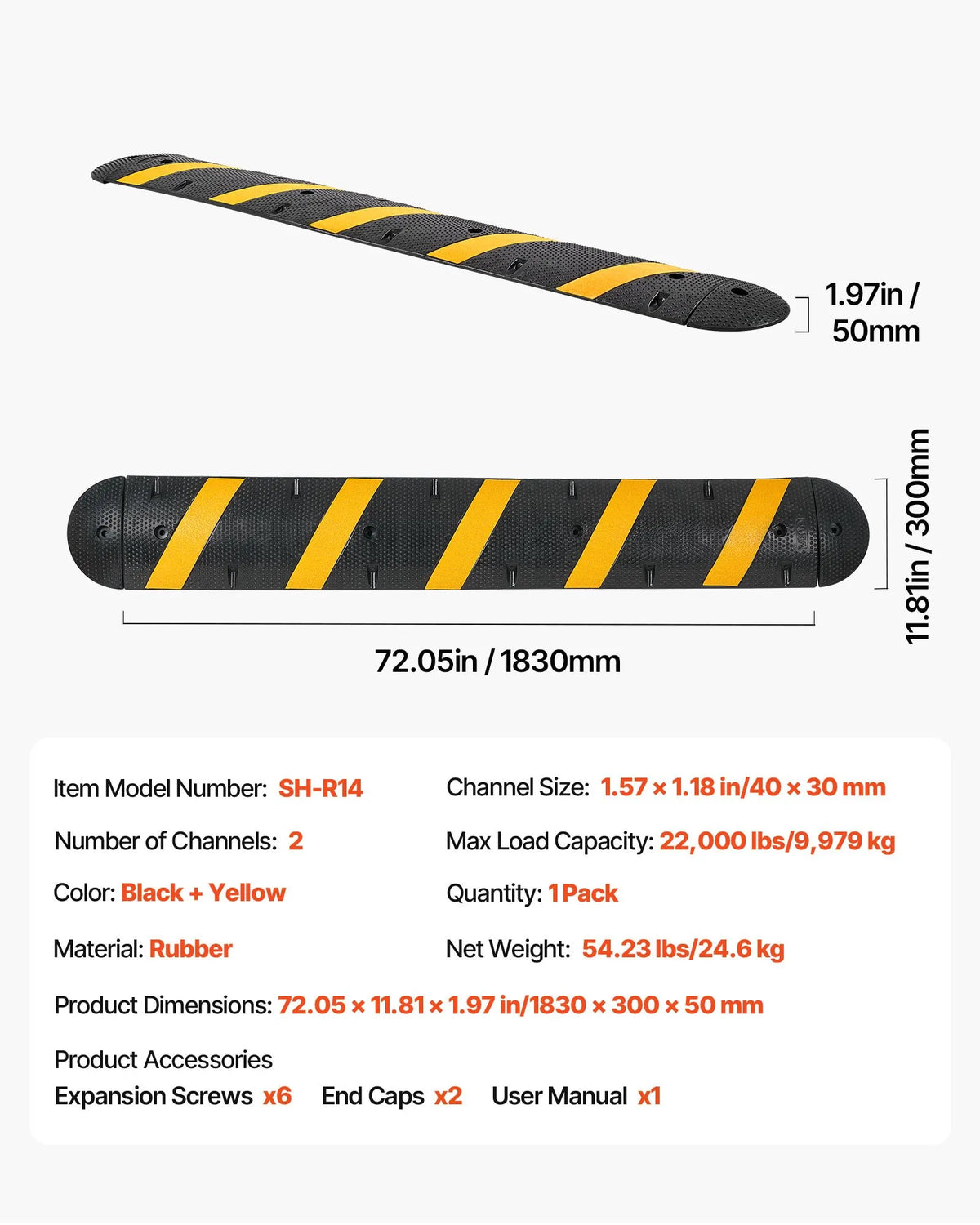 VEVOR 1830 mm gumijas ātrumvaļnis ar 2 kabeļu kanāliem, slodze līdz 9 979 kg/ass, smagās klases kabeļu aizsarguzbrauktuve ar izplešanās skrūvēm, piemērots asfaltam, betonam un grants segumam, 1 gab. - ZEMLETES.LV