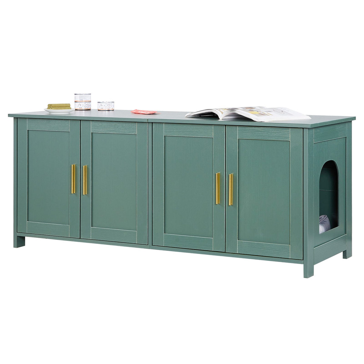 VEVOR Cat Litter Box Cabinet, 120 cm, 4 Doors, 2 Entrances, Green