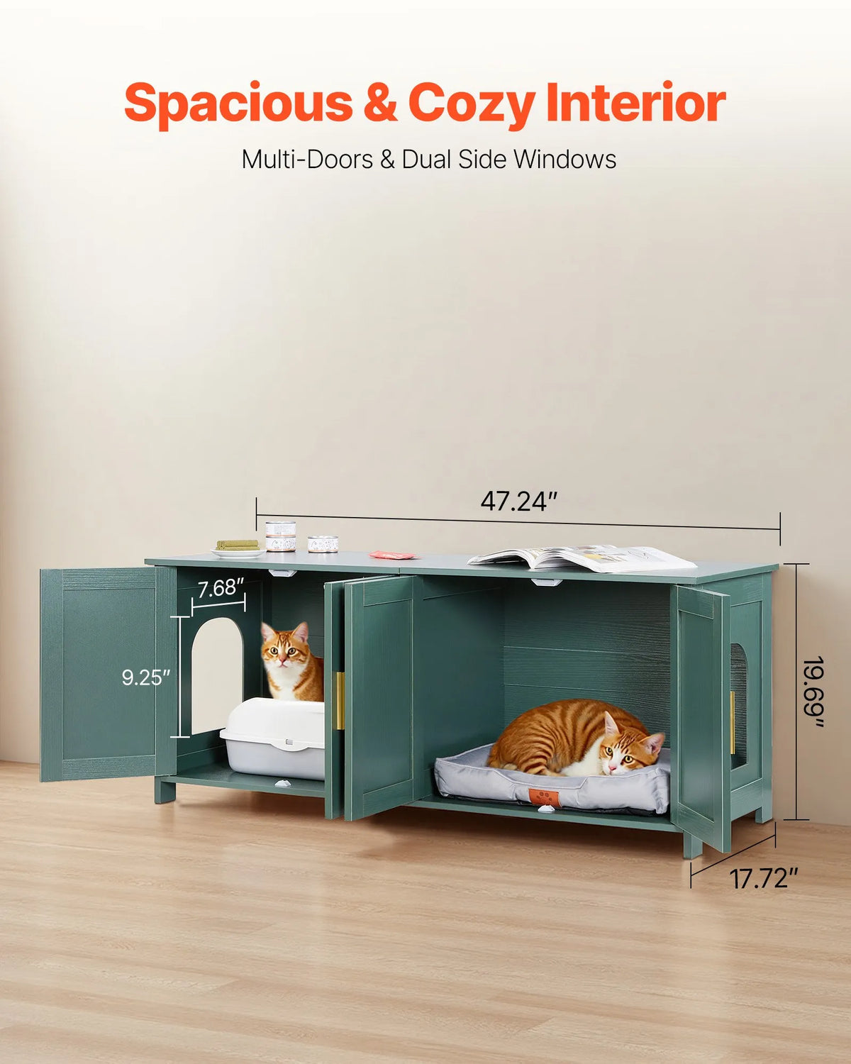 VEVOR Cat Litter Box Cabinet, 120 cm, 4 Doors, 2 Entrances, Green