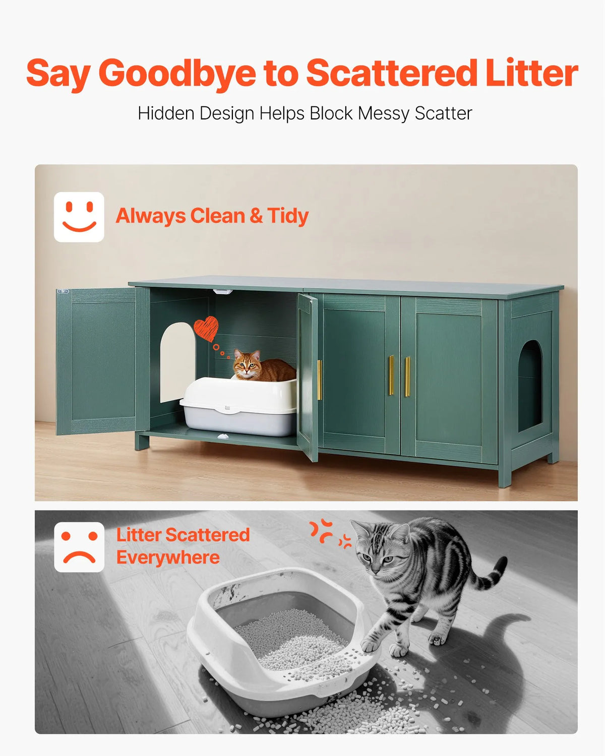 VEVOR Cat Litter Box Cabinet, 120 cm, 4 Doors, 2 Entrances, Green