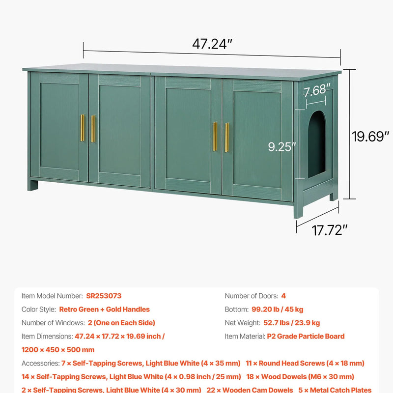 VEVOR kaķu tualetes skapītis, 120 cm, 4 durvis, 2 ieejas, zaļš