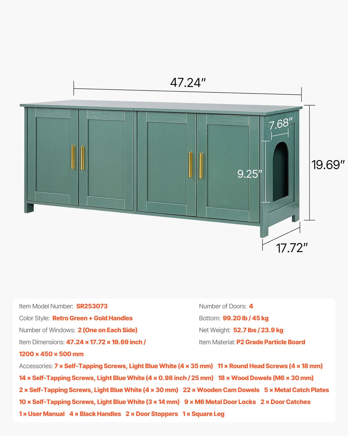VEVOR Cat Litter Box Cabinet, 120 cm, 4 Doors, 2 Entrances, Green