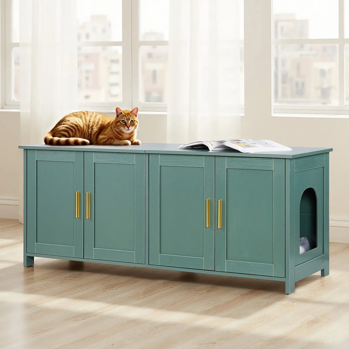 VEVOR Cat Litter Box Cabinet, 120 cm, 4 Doors, 2 Entrances, Green