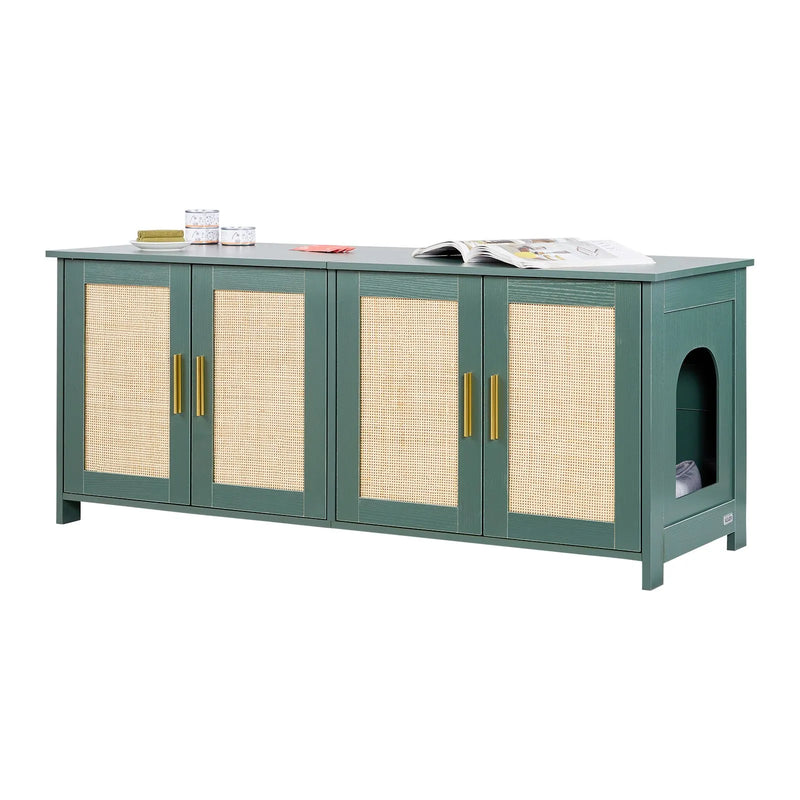 VEVOR kaķu tualetes skapītis ar 4 rotanga durvīm, 2 ieejām, 120 cm, zaļš