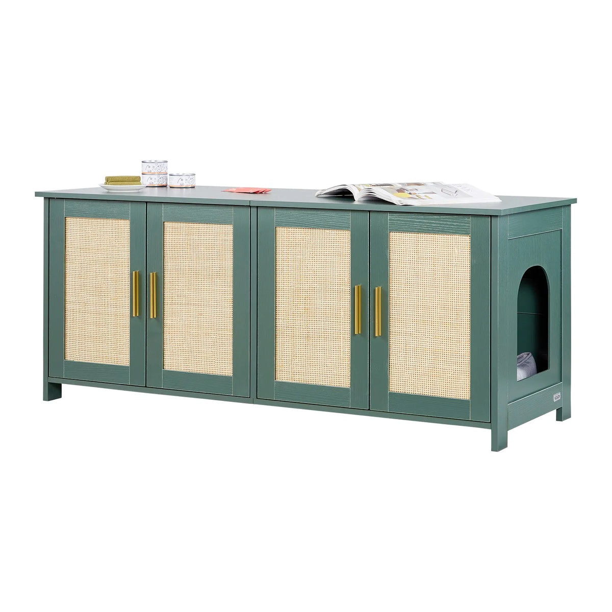 VEVOR Cat Litter Box Cabinet with 4 Rattan Doors, 2 Entrances, 120 cm, Green