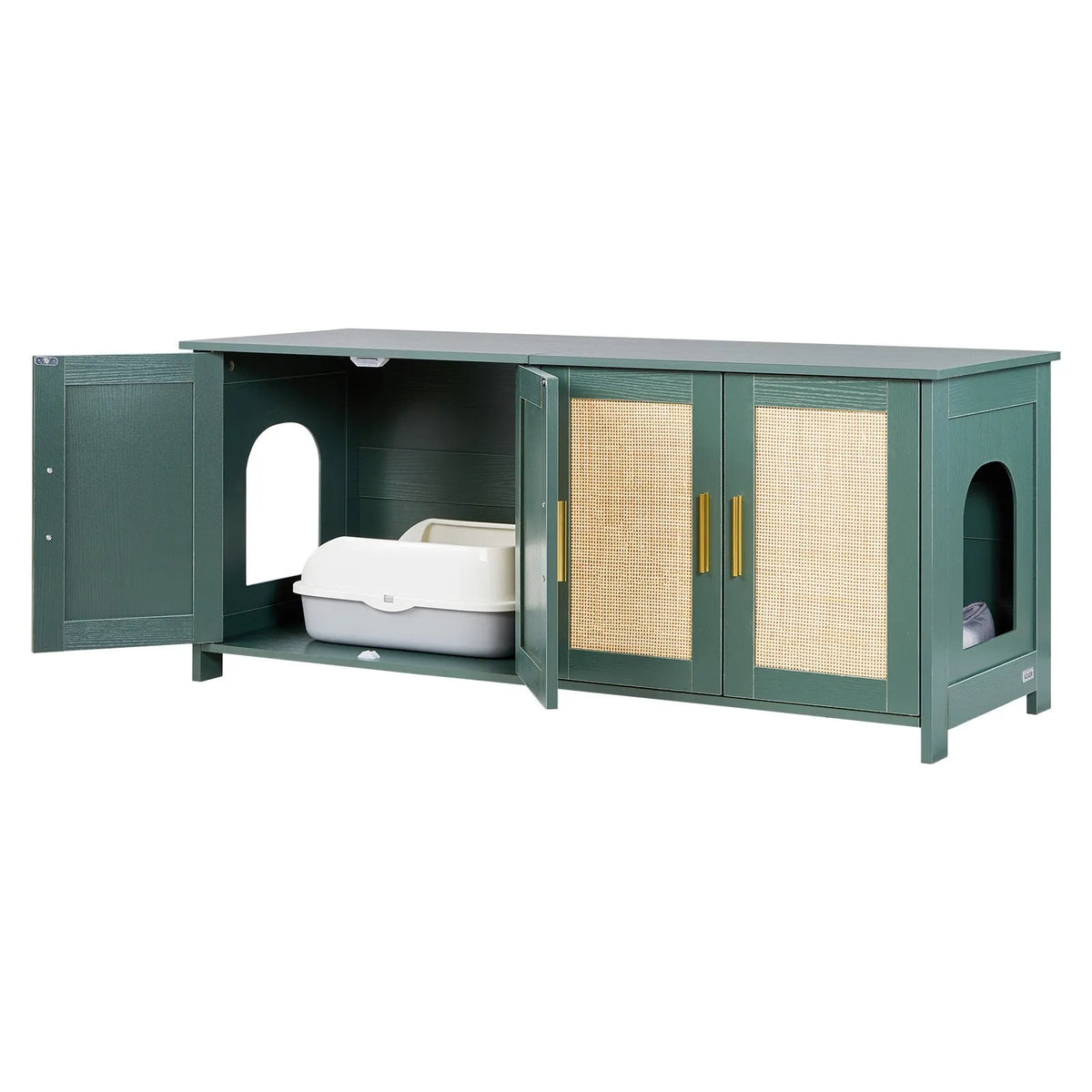 VEVOR Cat Litter Box Cabinet with 4 Rattan Doors, 2 Entrances, 120 cm, Green