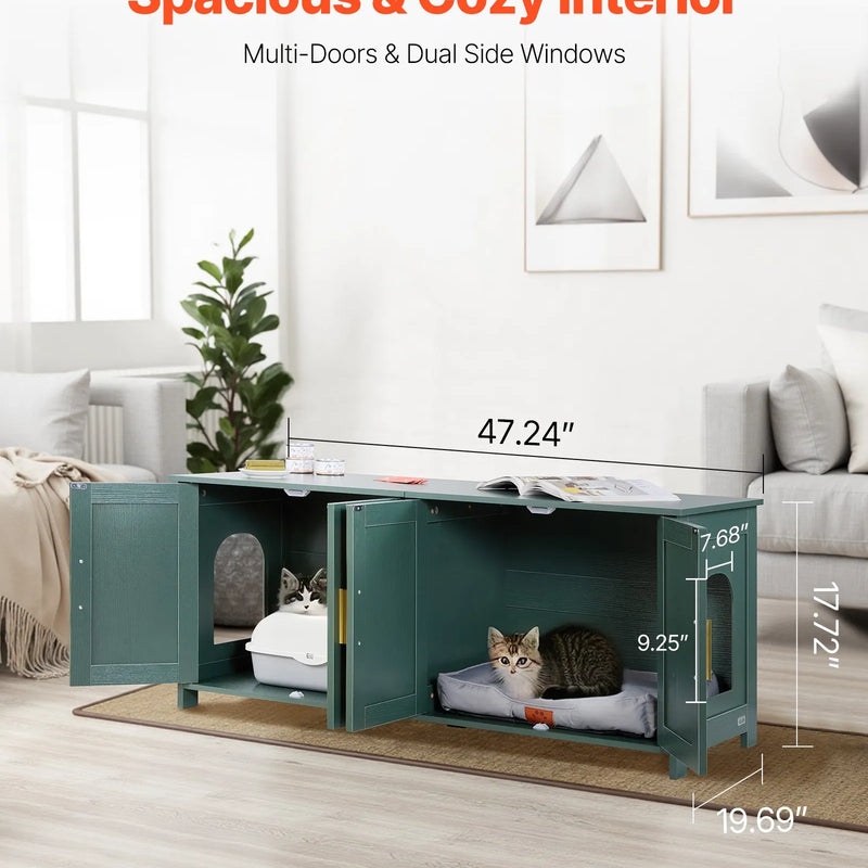 VEVOR kaķu tualetes skapītis ar 4 rotanga durvīm, 2 ieejām, 120 cm, zaļš