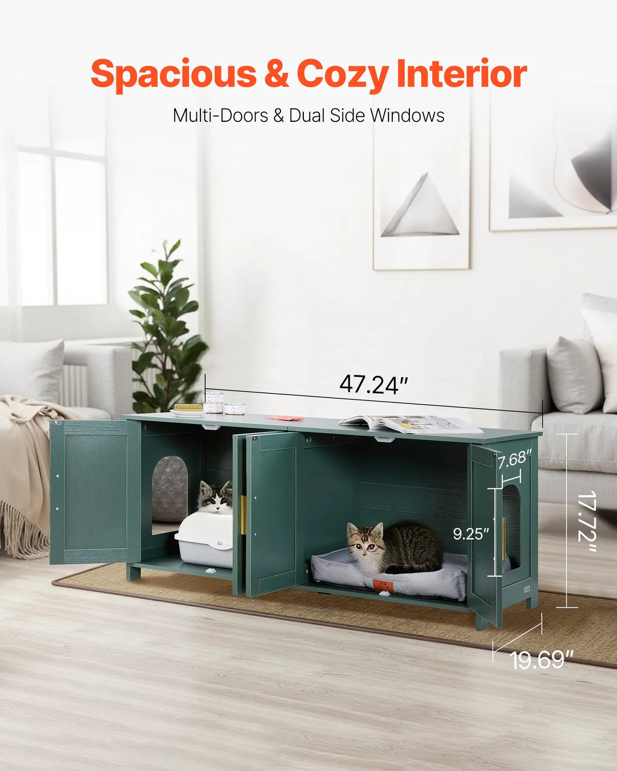 VEVOR Cat Litter Box Cabinet with 4 Rattan Doors, 2 Entrances, 120 cm, Green