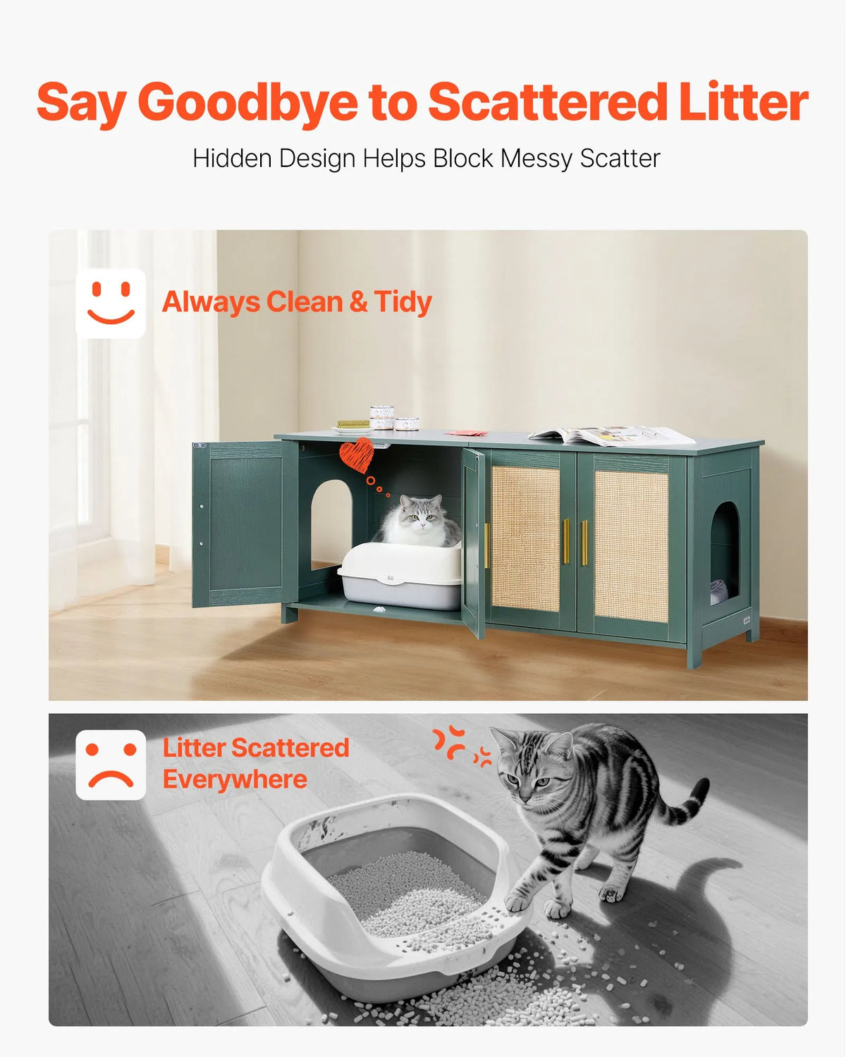 VEVOR Cat Litter Box Cabinet with 4 Rattan Doors, 2 Entrances, 120 cm, Green