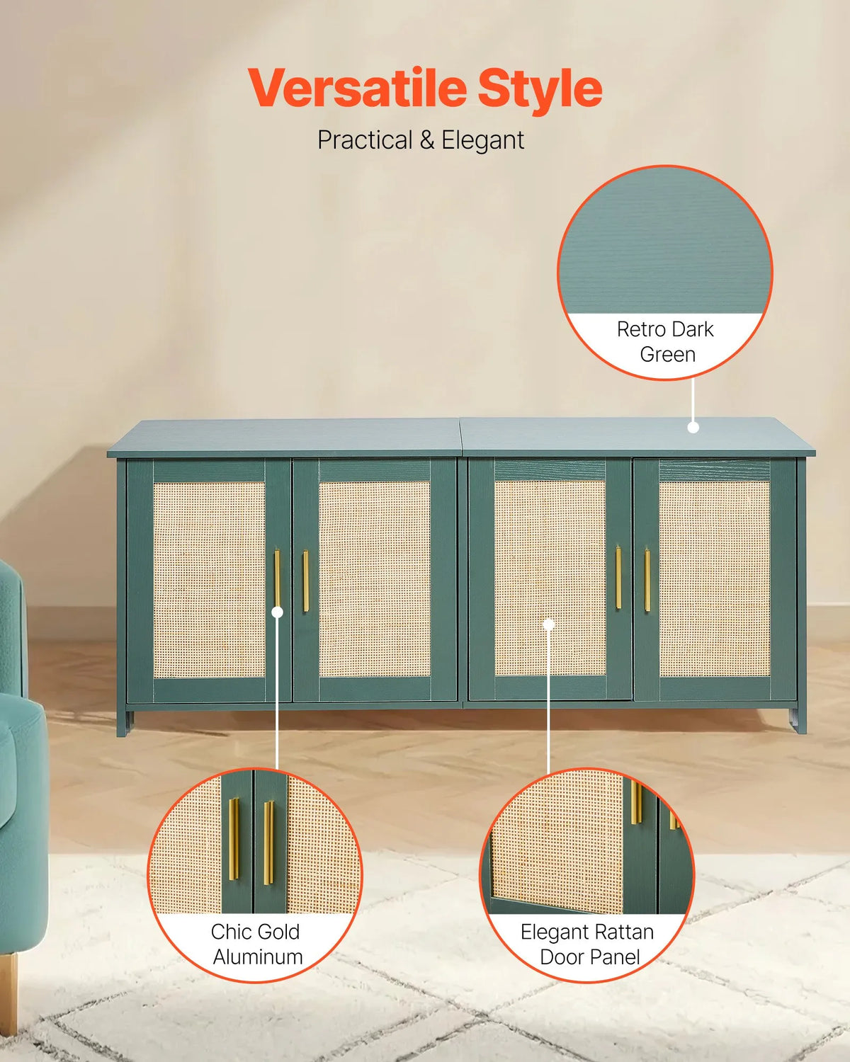 VEVOR Cat Litter Box Cabinet with 4 Rattan Doors, 2 Entrances, 120 cm, Green