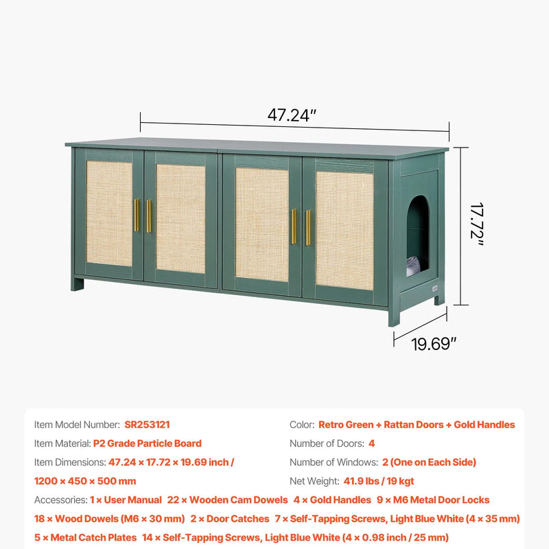 VEVOR kaķu tualetes skapītis ar 4 rotanga durvīm, 2 ieejām, 120 cm, zaļš