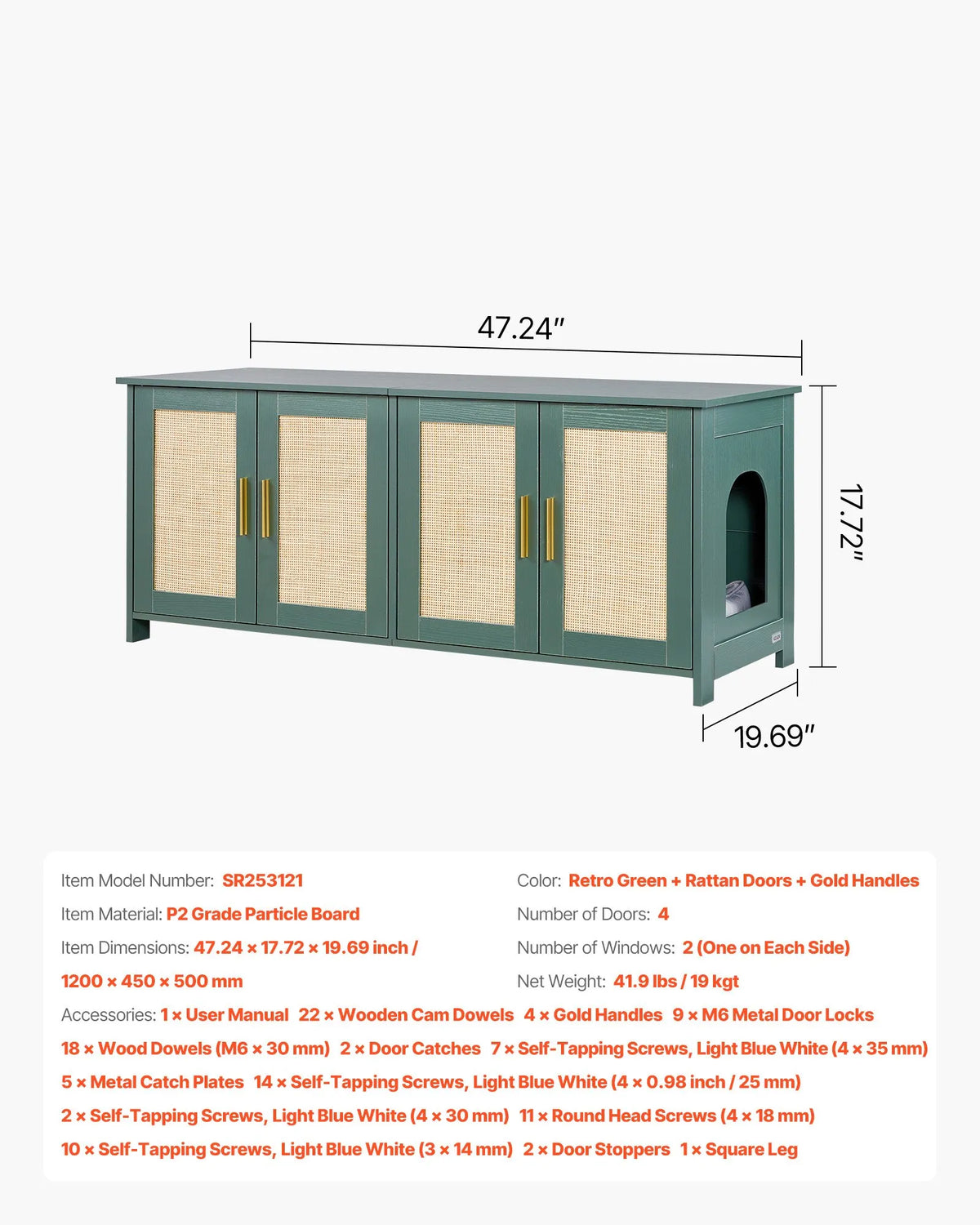 VEVOR Cat Litter Box Cabinet with 4 Rattan Doors, 2 Entrances, 120 cm, Green