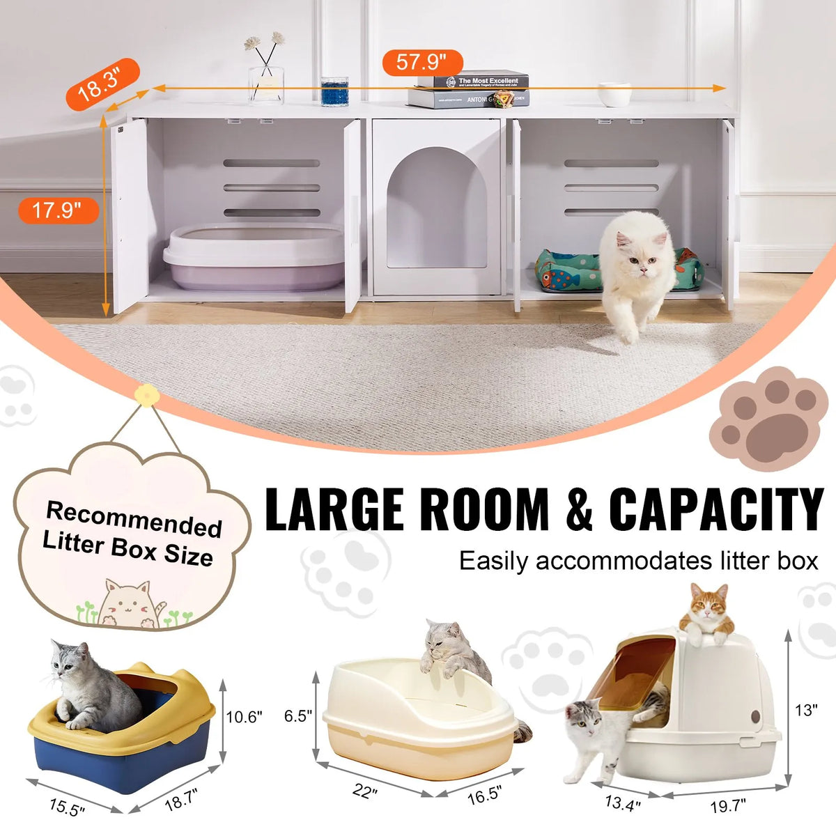 VEVOR wooden cat litter box cabinet with hidden toilet, 147 cm, white