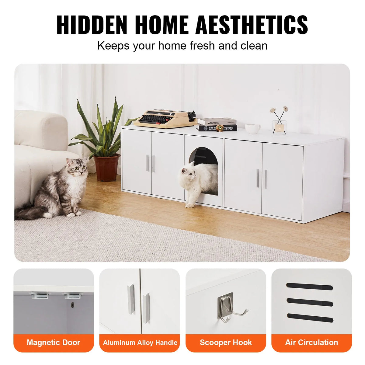 VEVOR wooden cat litter box cabinet with hidden toilet, 147 cm, white