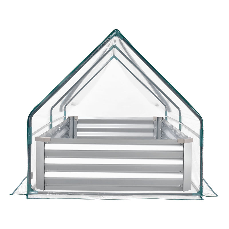 VEVOR paaugstinātā dārza dobe ar pārsegu 1800 × 900 × 300 mm, taisnstūra cinkota metāla stādīšanas kaste āra lietošanai ar PE siltumnīcas pārsegu un cimdiem, rūsas izturīgs alu-cinka pārklājums, ziedu un dārzeņu audzēšanai, sudraba krāsā