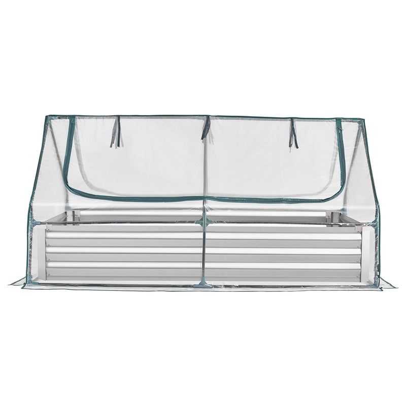 VEVOR paaugstinātā dārza dobe ar pārsegu 1800 × 900 × 300 mm, taisnstūra cinkota metāla stādīšanas kaste āra lietošanai ar PE siltumnīcas pārsegu un cimdiem, rūsas izturīgs alu-cinka pārklājums, ziedu un dārzeņu audzēšanai, sudraba krāsā