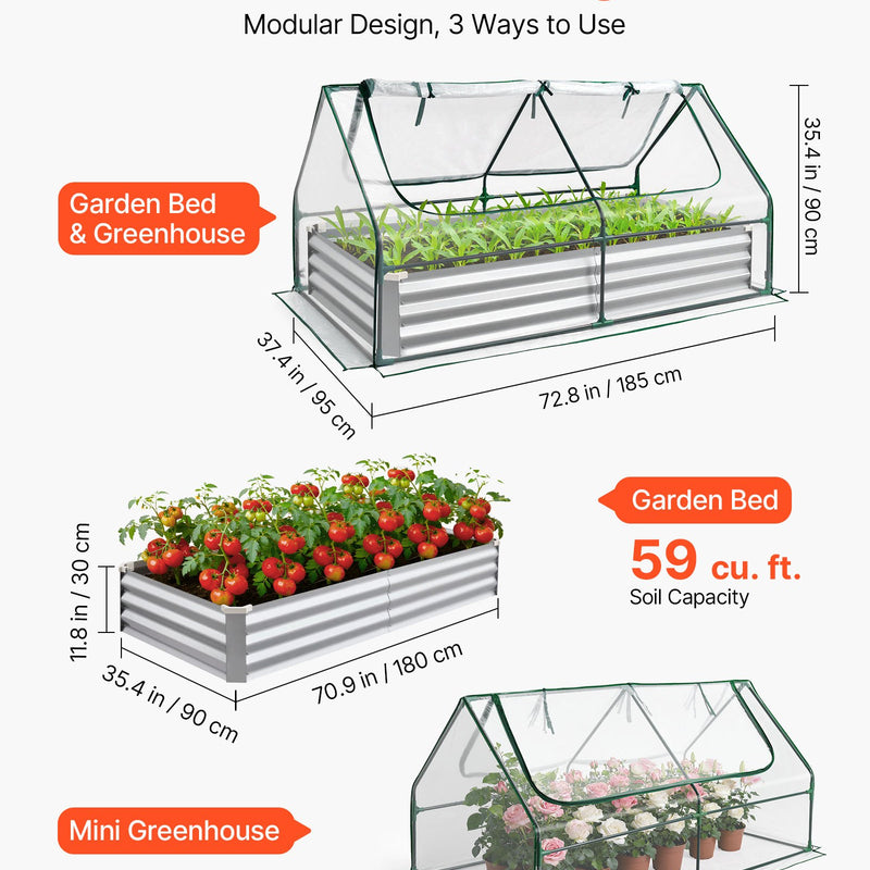 VEVOR paaugstinātā dārza dobe ar pārsegu 1800 × 900 × 300 mm, taisnstūra cinkota metāla stādīšanas kaste āra lietošanai ar PE siltumnīcas pārsegu un cimdiem, rūsas izturīgs alu-cinka pārklājums, ziedu un dārzeņu audzēšanai, sudraba krāsā