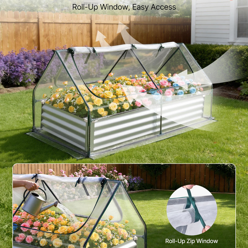 VEVOR paaugstinātā dārza dobe ar pārsegu 1800 × 900 × 300 mm, taisnstūra cinkota metāla stādīšanas kaste āra lietošanai ar PE siltumnīcas pārsegu un cimdiem, rūsas izturīgs alu-cinka pārklājums, ziedu un dārzeņu audzēšanai, sudraba krāsā