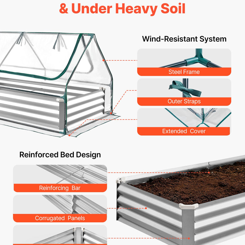 VEVOR paaugstinātā dārza dobe ar pārsegu 1800 × 900 × 300 mm, taisnstūra cinkota metāla stādīšanas kaste āra lietošanai ar PE siltumnīcas pārsegu un cimdiem, rūsas izturīgs alu-cinka pārklājums, ziedu un dārzeņu audzēšanai, sudraba krāsā