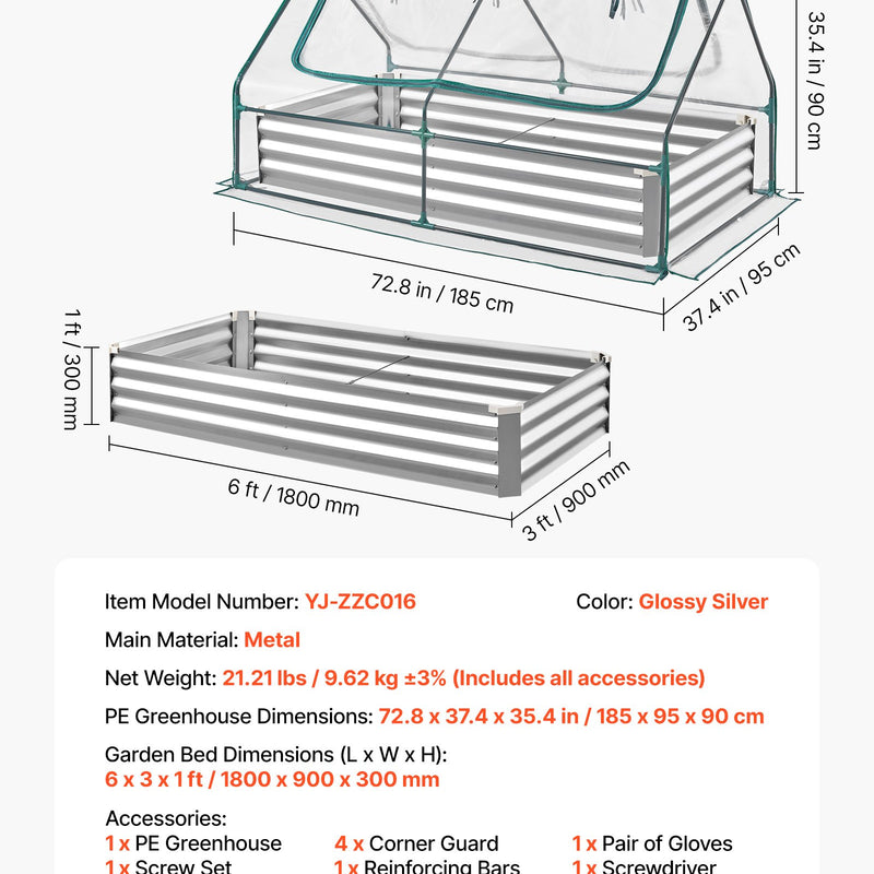 VEVOR paaugstinātā dārza dobe ar pārsegu 1800 × 900 × 300 mm, taisnstūra cinkota metāla stādīšanas kaste āra lietošanai ar PE siltumnīcas pārsegu un cimdiem, rūsas izturīgs alu-cinka pārklājums, ziedu un dārzeņu audzēšanai, sudraba krāsā