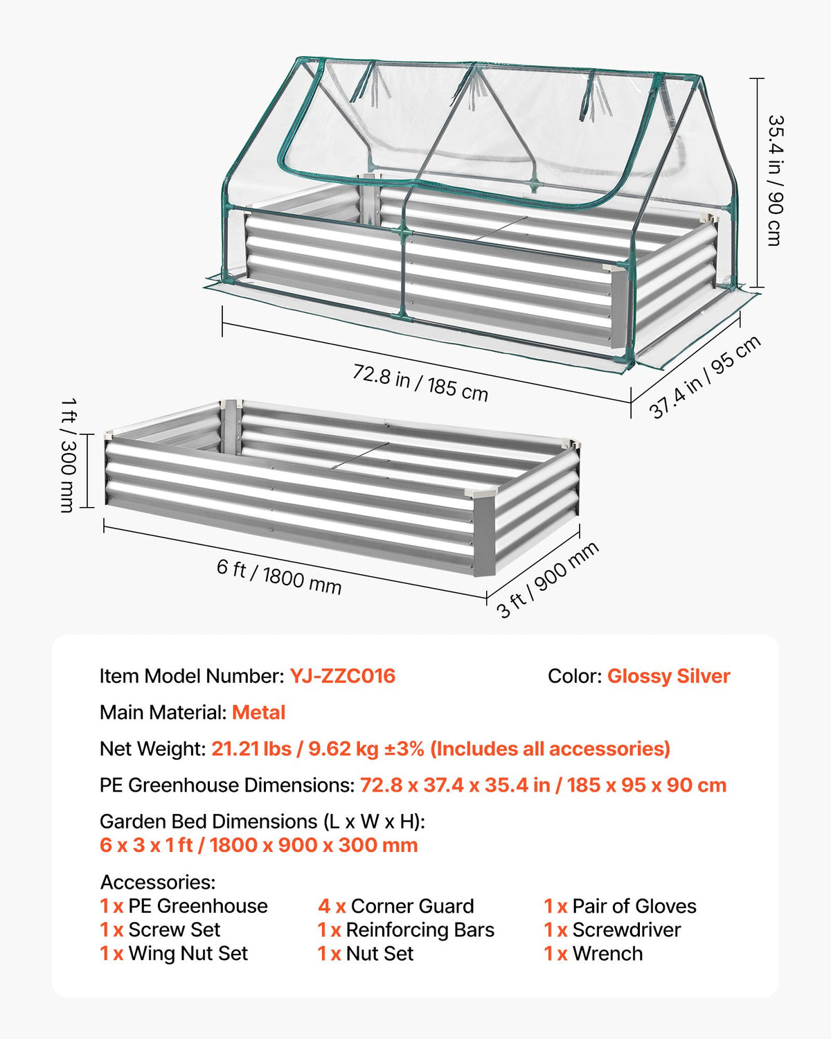 VEVOR paaugstinātā dārza dobe ar pārsegu 1800 × 900 × 300 mm, taisnstūra cinkota metāla stādīšanas kaste āra lietošanai ar PE siltumnīcas pārsegu un cimdiem, rūsas izturīgs alu - cinka pārklājums, ziedu un dārzeņu audzēšanai, sudraba krāsā - ZEMLETES.LV