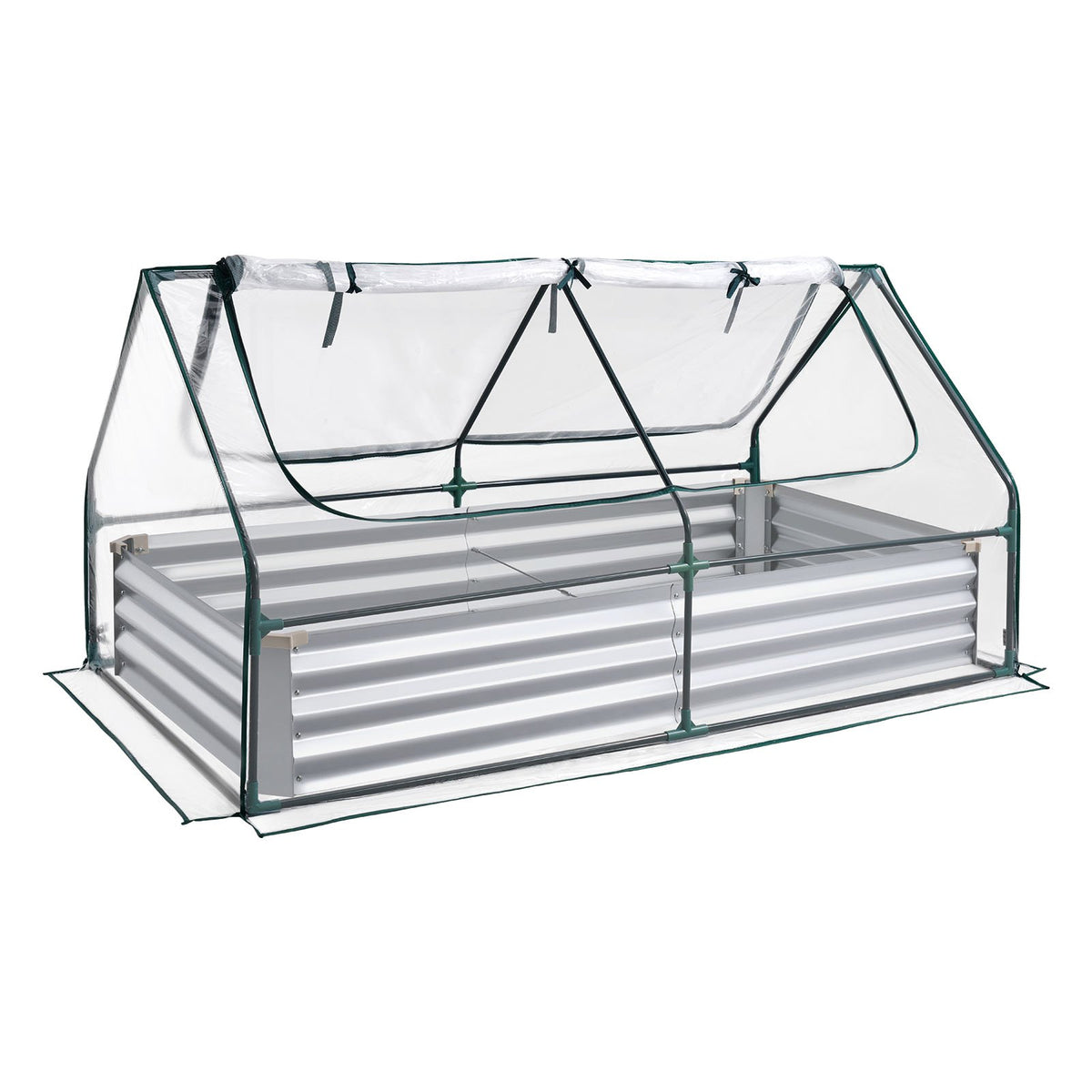 VEVOR paaugstinātā dārza dobe ar pārsegu 1800 × 900 × 300 mm, taisnstūra cinkota metāla stādīšanas kaste āra lietošanai ar PE siltumnīcas pārsegu un cimdiem, rūsas izturīgs alu - cinka pārklājums, ziedu un dārzeņu audzēšanai, sudraba krāsā - ZEMLETES.LV