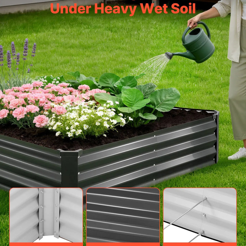 VEVOR 2 gab. cinkotas paaugstinātās dārza dobes 2400 × 1200 × 300 mm, taisnstūra metāla stādīšanas kastes komplekts āra lietošanai ar cimdiem, Alu-cinka pārklājums, ziedu un dārzeņu audzēšanai, tumši pelēka