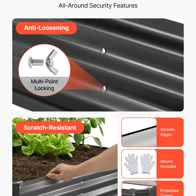 VEVOR 2 gab. cinkotas paaugstinātās dārza dobes 2400 × 1200 × 300 mm, taisnstūra metāla stādīšanas kastes komplekts āra lietošanai ar cimdiem, Alu-cinka pārklājums, ziedu un dārzeņu audzēšanai, tumši pelēka