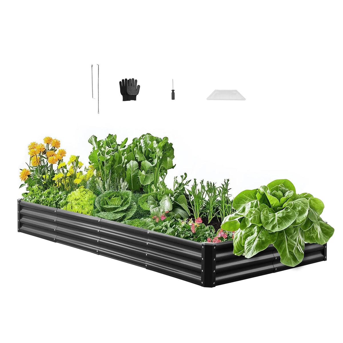 VEVOR metāla paaugstinātā dārza dobe 2,4 × 1,2 × 0,3 m, āra Galvalume stādīšanas kaste ar atvērtu apakšu, liela dobe dārzeņu, ziedu, garšaugu un sukulentu audzēšanai, tumši pelēka - ZEMLETES.LV